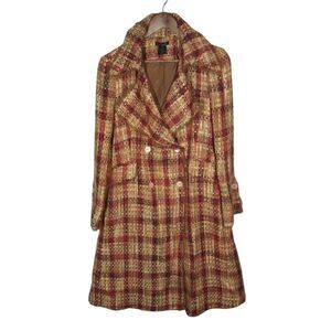 W.D.N.Y. Tan Red Long Plaid Tweed Trench Coat Sz Small